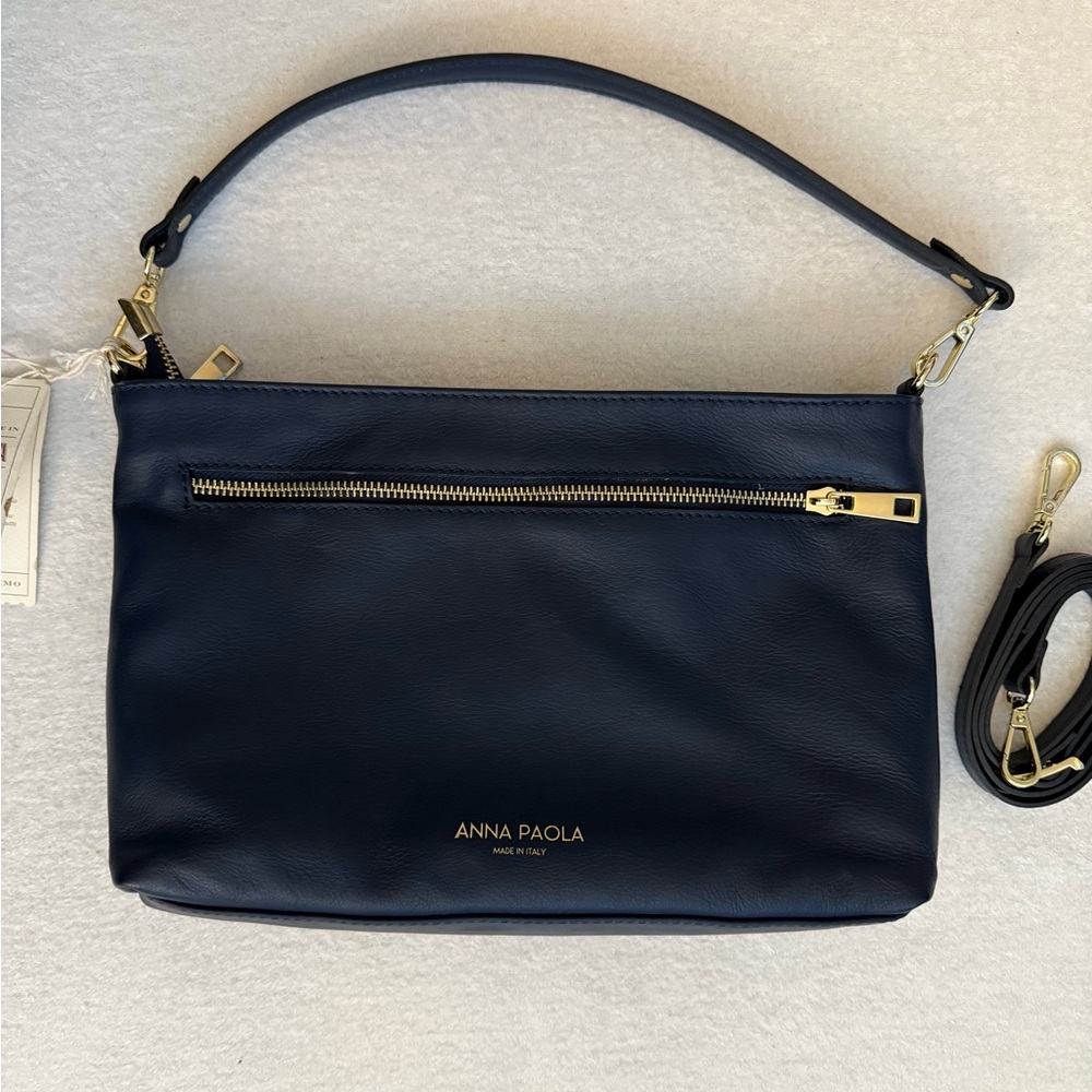 Anna Paola Leather Basketweave Zip Top Brit Shoulder Bag Made in Italy Navy Blue - Picture 5 of 10